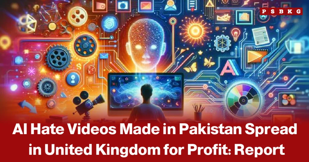 AI hate videos Pakistan-UK report person watching a computer screen with digital AI and tech icons glowing around them, symbolizing AI-generated content and online misinformation technology.