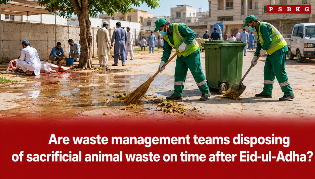Image of waste management workers wearing green uniforms and protective masks cleaning streets after Eid-ul-Adha, collecting animal waste and remains, while people in traditional attire observe nearby in an urban setting.