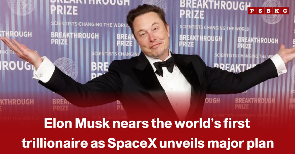 Image of a man in a tuxedo posing with arms outstretched at a formal awards event, with a headline referencing Elon Musk’s potential path toward becoming the world’s first trillionaire and a major SpaceX expansion plan.