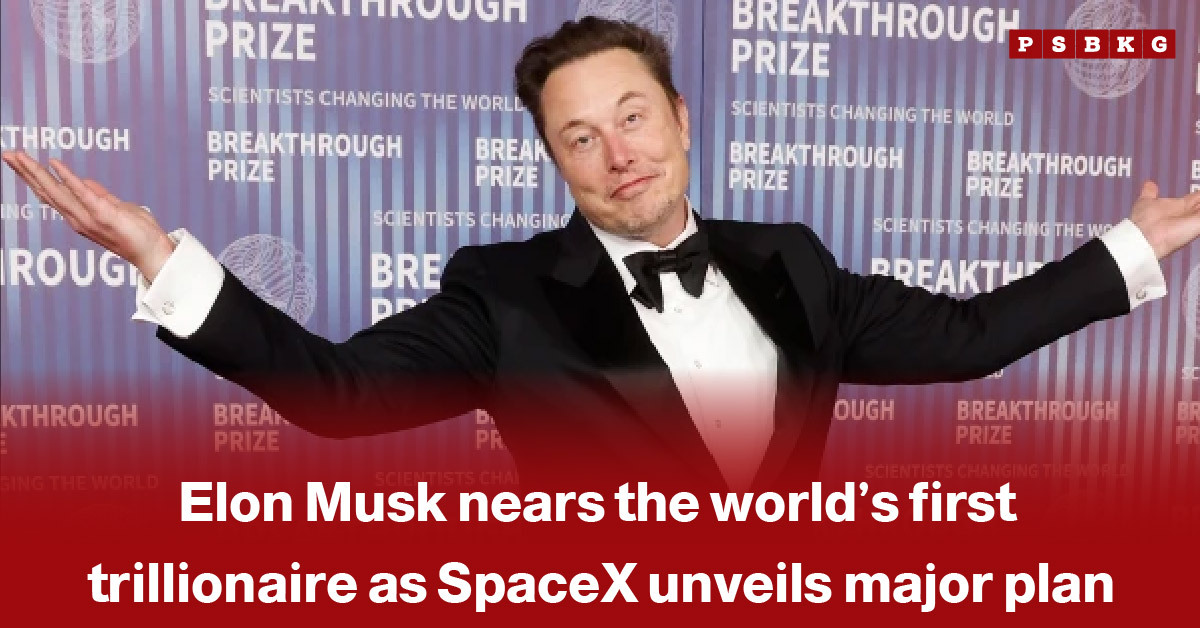 Image of a man in a tuxedo posing with arms outstretched at a formal awards event, with a headline referencing Elon Musk’s potential path toward becoming the world’s first trillionaire and a major SpaceX expansion plan.