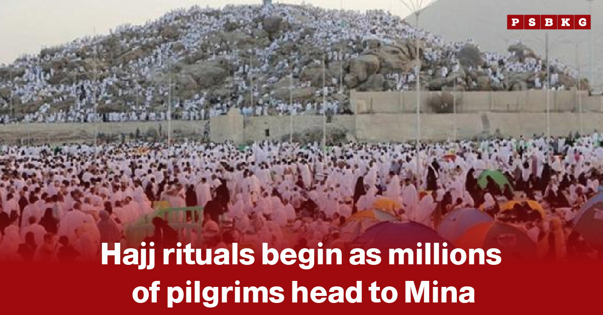 Image of a massive crowd of pilgrims dressed in white ihram garments gathered in Mina during Hajj, beginning the sacred rituals as they move through tents and pathways under the hot desert landscape.