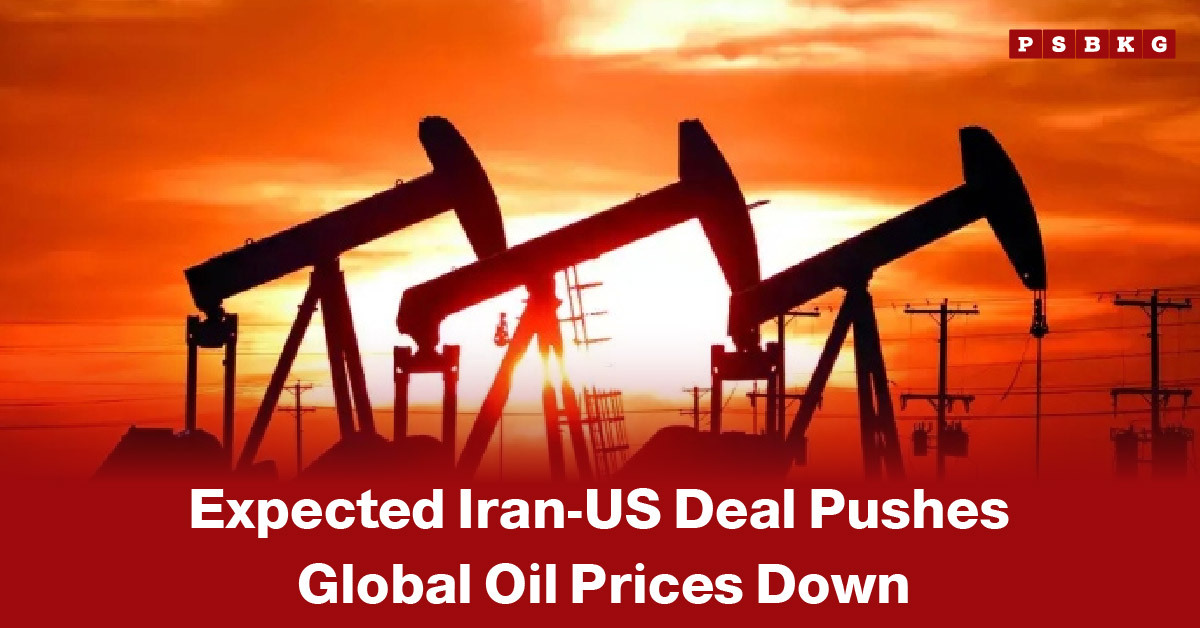 Image of silhouetted oil pumpjacks at sunset with an overlaid headline referencing expectations of a U.S.–Iran deal and its potential impact in lowering global oil prices through improved stability in energy supply routes such as the Strait of Hormuz.