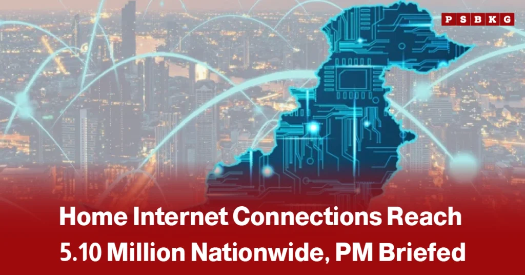 Pakistan home internet connections: 5.10 million map of Pakistan with digital circuit design over a cityscape background and text about 5.10 million home internet connections nationwide.