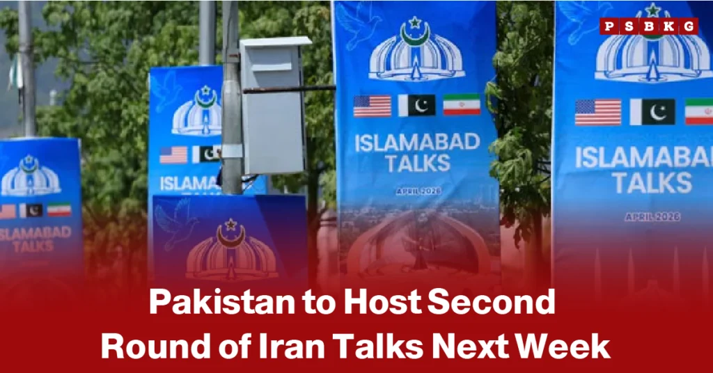 Pakistan host second round Iran talks banners for Islamabad Talks featuring flags of the USA, Pakistan, and Iran, announcing a proposed second round of Iran talks in April 2026 amid ongoing diplomatic efforts in Islamabad.