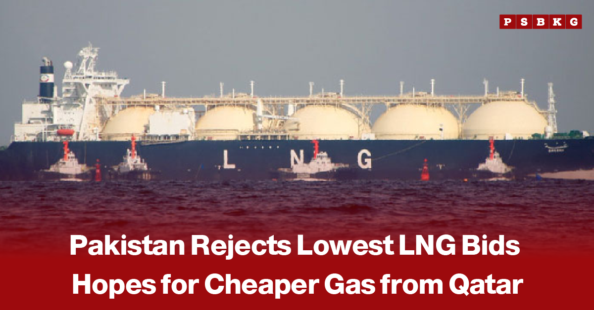 Pakistan rejects LNG bids Qatar cheaper gas – large LNG tanker ship at sea with text about Pakistan rejecting lowest LNG bids and seeking cheaper gas from Qatar.