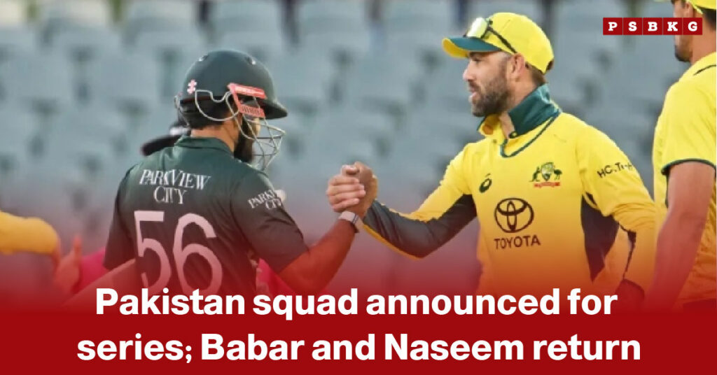 Image of two cricketers in national team jerseys one representing Pakistan and the other Australia—shaking hands on the field before a match, symbolizing the announcement of the Pakistan squad for the Australia series and the return of Babar Azam and Naseem Shah.
