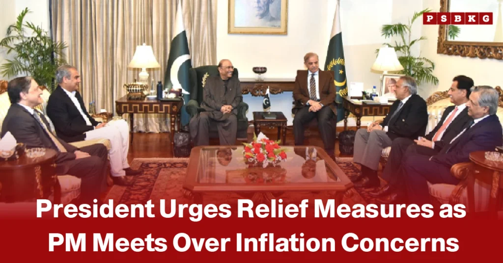 President relief measures inflation Pakistan government officials seated in a formal meeting room with Pakistan flags discussing inflation control and public relief measures.