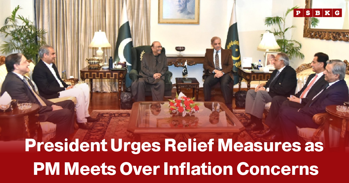 President relief measures inflation Pakistan government officials seated in a formal meeting room with Pakistan flags discussing inflation control and public relief measures.