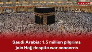 Image of thousands of pilgrims dressed in white ihram garments gathered around the Kaaba in Mecca during Hajj in Saudi Arabia, with an accompanying news-style headline noting the participation of around 1.5 million pilgrims despite regional war concerns.