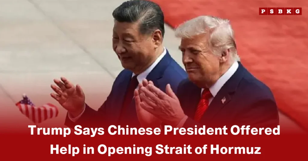 Trump China Strait of Hormuz help two suited men applauding on a red carpet with an American flag in the background, caption about assistance related to the Strait of Hormuz.