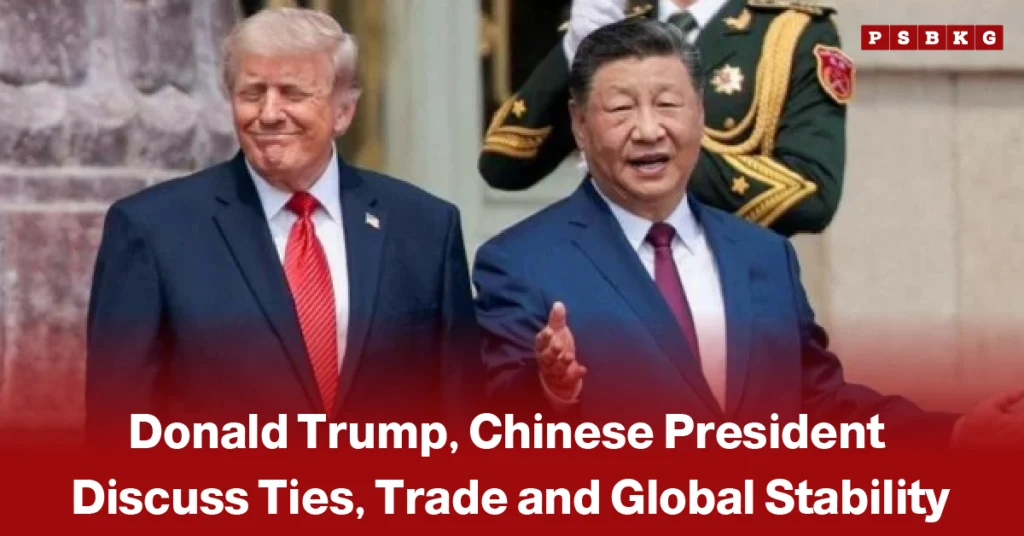 Trump China talks trade global stability two suited men, one in a red tie and the other in a purple tie, engaged in discussion with a uniformed guard in the background during diplomatic talks.