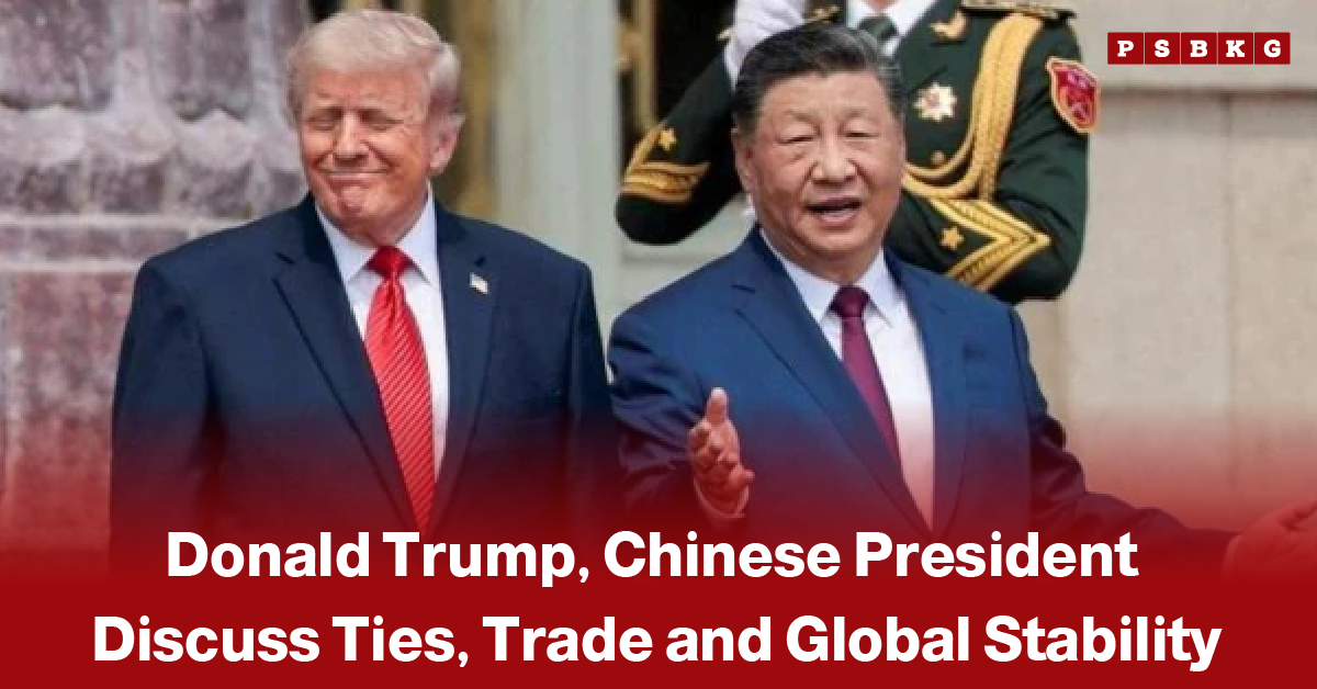 Trump China talks trade global stability two suited men, one in a red tie and the other in a purple tie, engaged in discussion with a uniformed guard in the background during diplomatic talks.