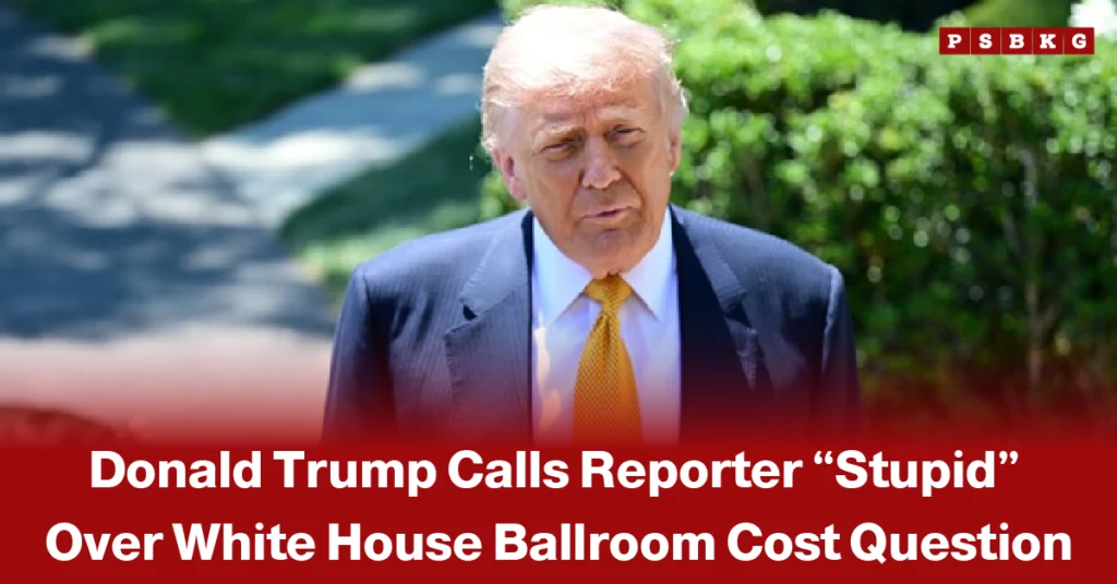 Trump calls reporter stupid ballroom question – man in a suit and yellow tie outdoors with blurred face, accompanied by a headline about Donald Trump calling a reporter “stupid.”
