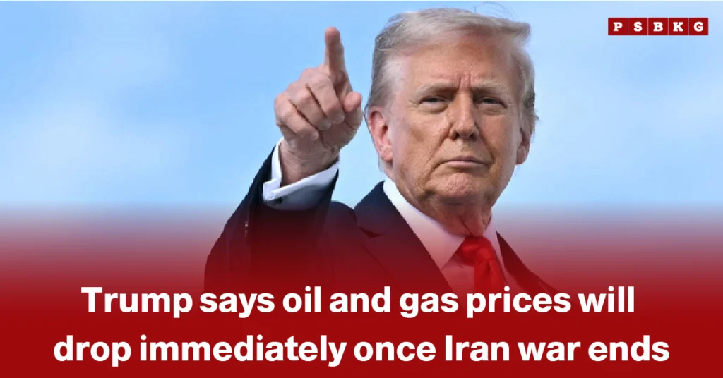 Oil price surge inflation pressure global economy – man in suit with raised finger and blurred face, with overlaid text about oil and gas prices dropping after the Iran war and its impact on global markets.