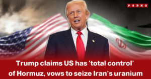 Image of a suited man against a backdrop of U.S. and Iranian flags, symbolizing escalating geopolitical tensions over the Strait of Hormuz and claims of U.S. control, alongside references to efforts to seize Iran’s enriched uranium stockpile.