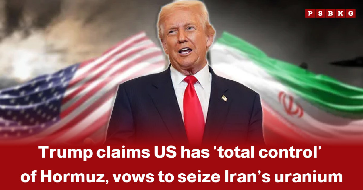 Image of a suited man against a backdrop of U.S. and Iranian flags, symbolizing escalating geopolitical tensions over the Strait of Hormuz and claims of U.S. control, alongside references to efforts to seize Iran’s enriched uranium stockpile.