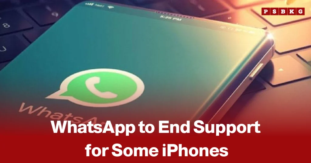 WhatsApp ending support old iPhones smartphone displaying WhatsApp logo placed on a laptop keyboard with a headline about WhatsApp ending support for older iPhone devices.