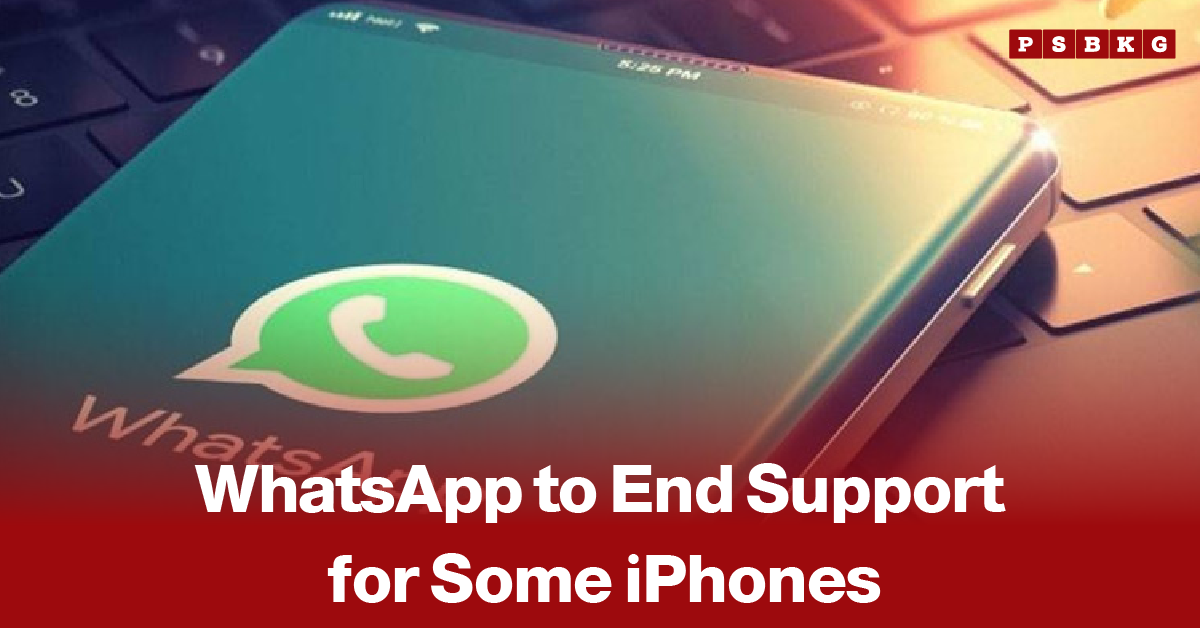 WhatsApp ending support old iPhones smartphone displaying WhatsApp logo placed on a laptop keyboard with a headline about WhatsApp ending support for older iPhone devices.