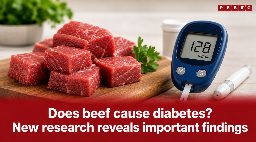 Image of raw beef cubes placed on a cutting board beside a digital glucose meter showing a reading of 128 mg/dL, accompanied by text referencing research on the potential relationship between beef consumption and diabetes risk.
