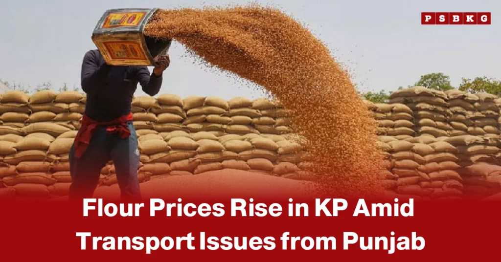 Flour prices rise KP Punjab transport issues – person pouring grain with stacked sacks in the background, highlighting increase in flour prices in KP due to transport disruptions from Punjab.