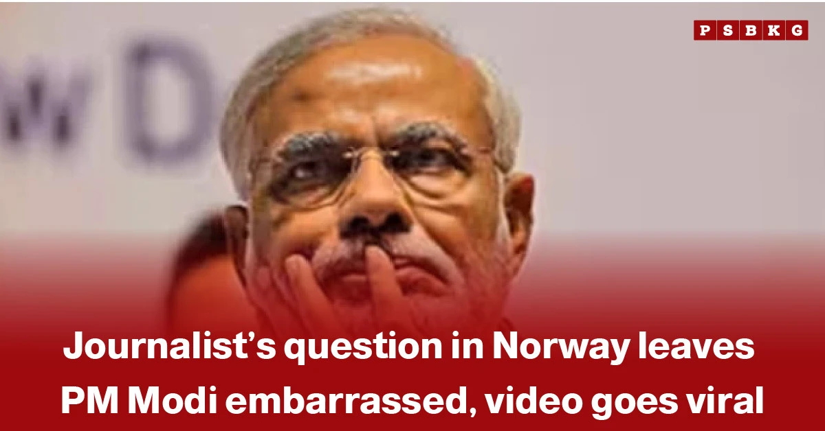 Journalist question Norway Modi viral video – blurred image of a man with a news headline about a journalist in Norway questioning PM Modi, causing embarrassment and the video going viral.