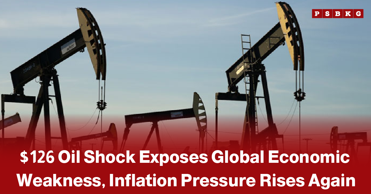 Oil price surge inflation pressure global economy oil pumpjacks operating under a clear sky with a headline about a $126 oil shock causing global economic weakness and rising inflation.