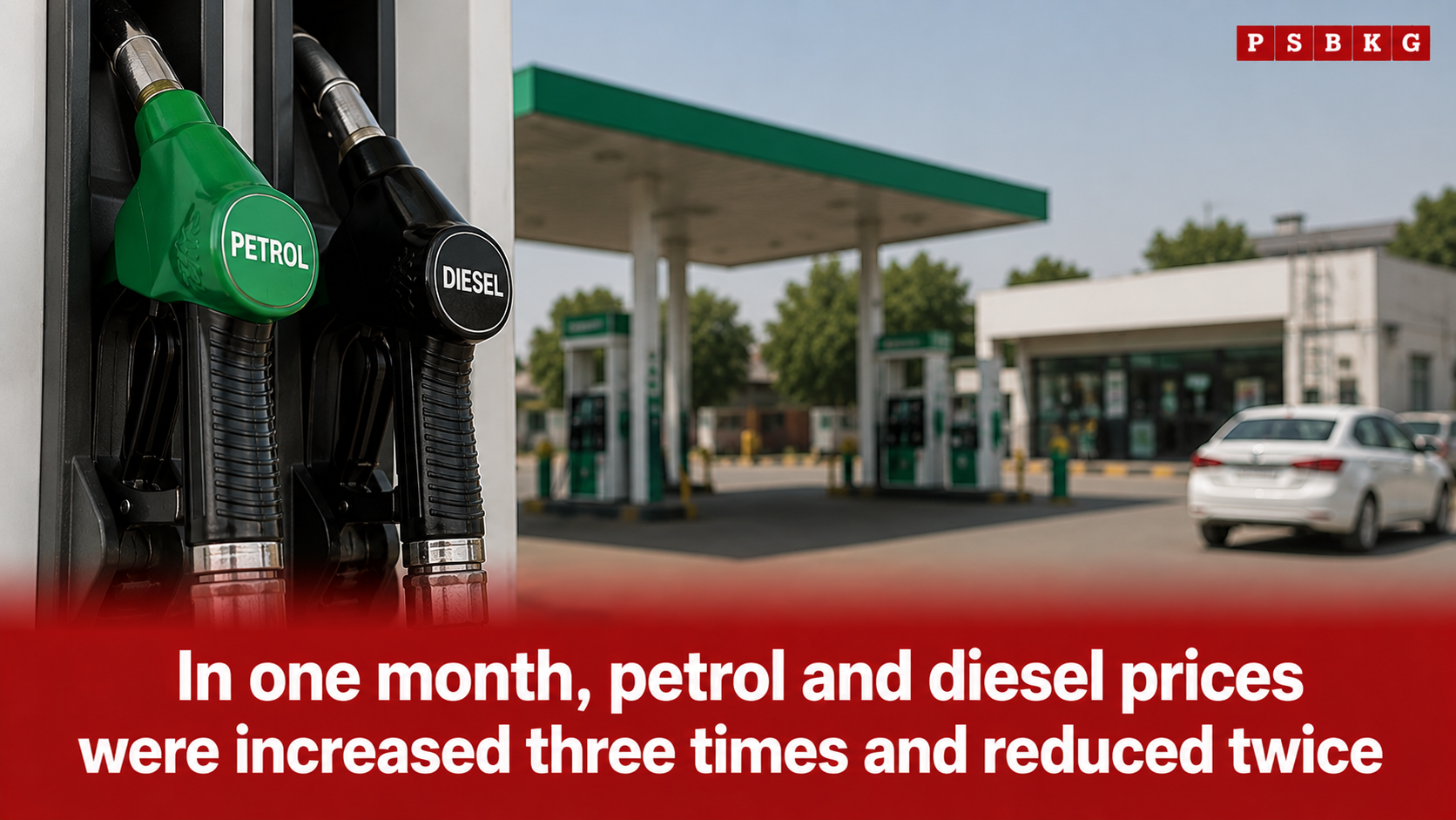 Image of a petrol station with fuel pumps in focus, showing petrol and diesel price fluctuations over time in Pakistan, with an accompanying news-style graphic highlighting recent increases and decreases in fuel prices over the past month.