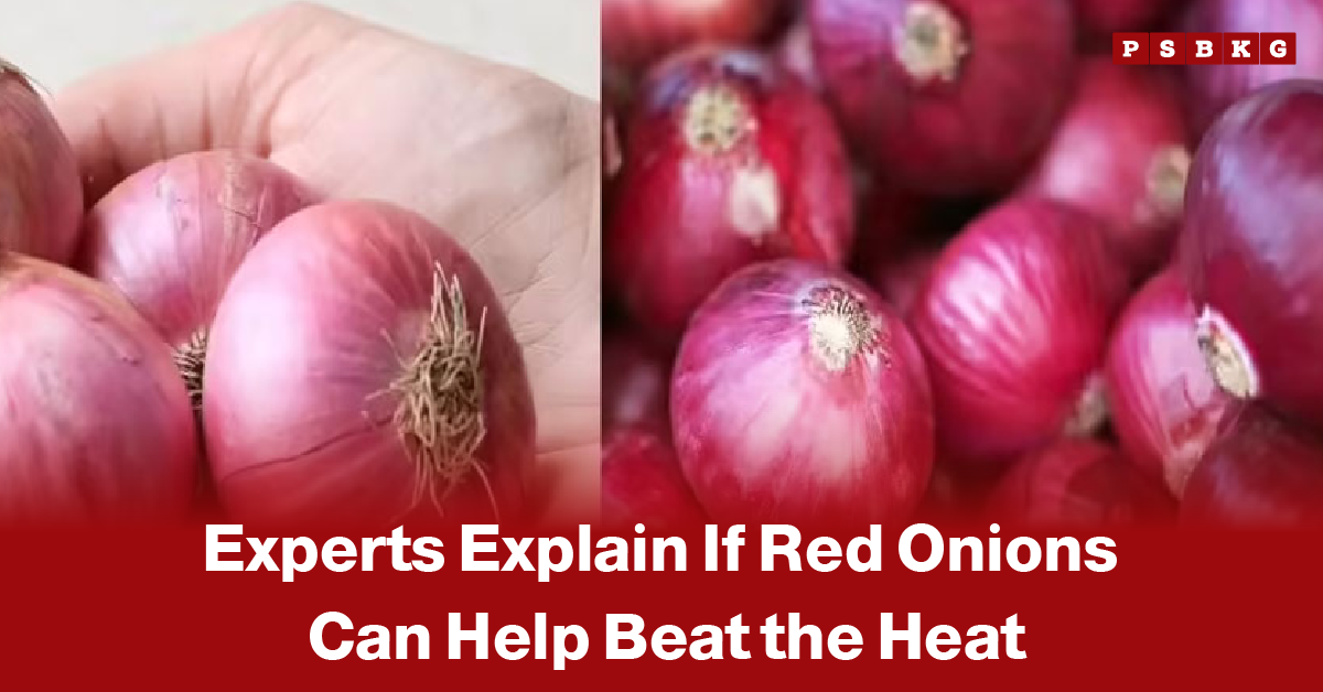 Red onions heat benefit myth close-up of red onions with text “Experts Explain If Red Onions Can Help Beat the Heat” overlaid on a red background.