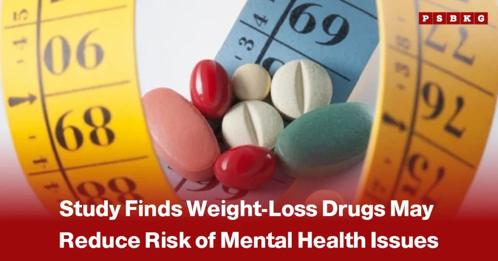 Weight loss drugs mental health study close-up of various pills surrounded by yellow and blue measuring tape, illustrating weight-loss medication and health research on mental health effects.