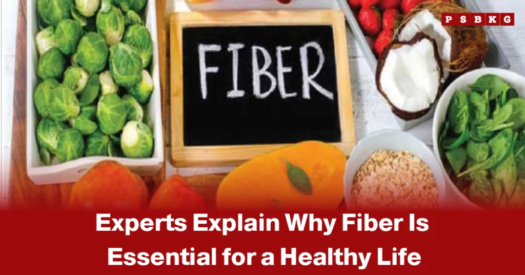 Why fiber is essential for healthy life chalkboard with “FIBER” surrounded by fiber-rich foods including Brussels sprouts, mango, coconut, spinach, oats, and strawberries.