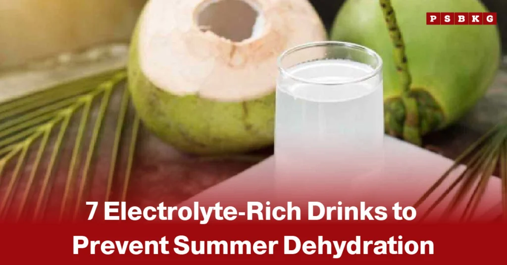 Image of a refreshing glass of coconut water placed beside fresh green coconuts, with palm leaves in the background, highlighting electrolyte-rich drinks that help prevent dehydration and maintain hydration during hot summer weather.