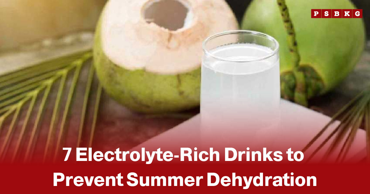 Image of a refreshing glass of coconut water placed beside fresh green coconuts, with palm leaves in the background, highlighting electrolyte-rich drinks that help prevent dehydration and maintain hydration during hot summer weather.