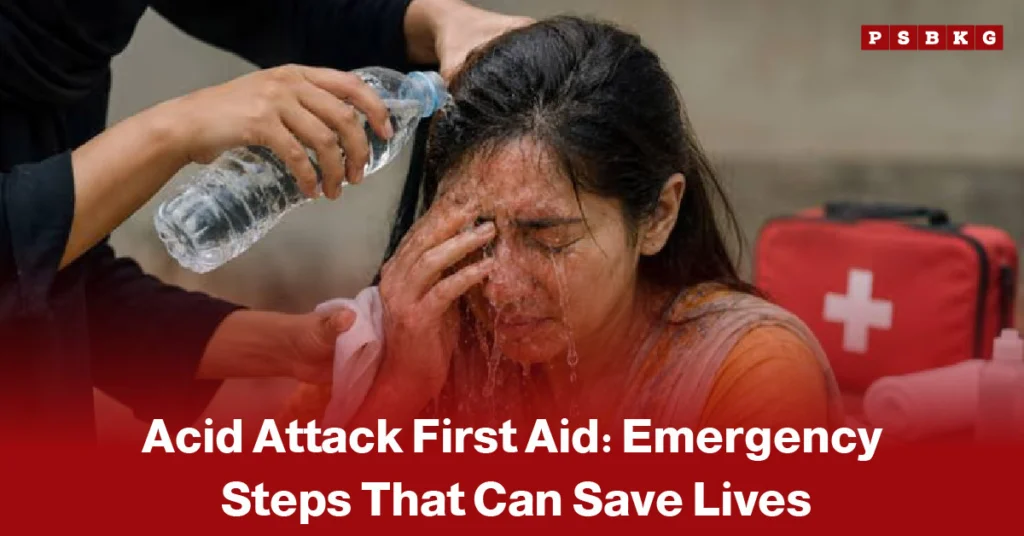 Image showing first aid response for an acid attack, with a person having water gently poured over their face from a bottle to help flush the affected area, while a red first aid kit is visible in the background.
