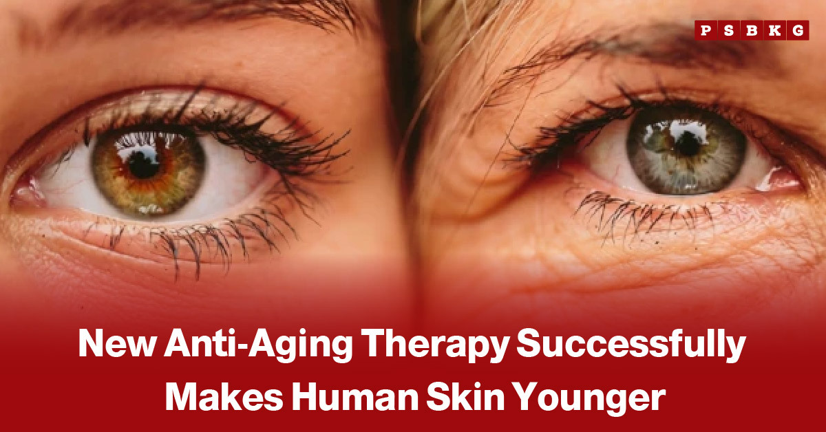 Close-up image of a person’s eyes showing a comparison of skin texture, with accompanying text about a new anti-aging therapy that may help rejuvenate human skin and make it appear younger.
