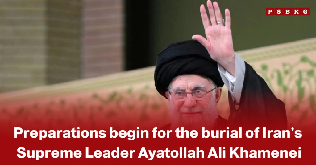Image of Ayatollah Ali Khamenei dressed in black religious attire and waving to supporters, accompanied by text about preparations for his burial and funeral ceremonies, with Iranian authorities organizing public mourning events and related arrangements.