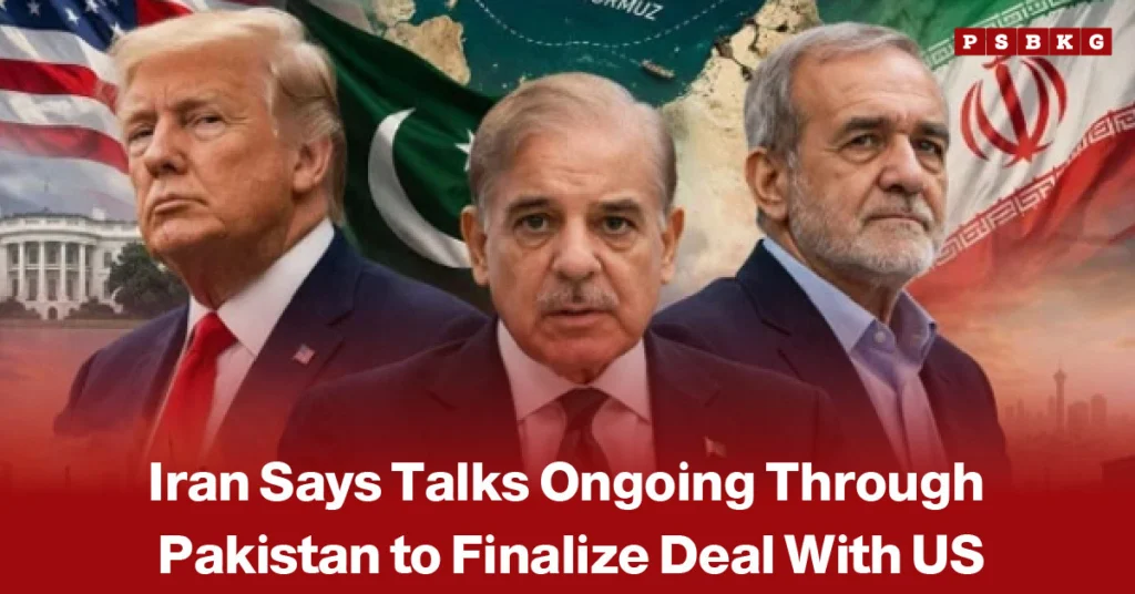 Image showing three blurred political leaders standing in front of the flags of the United States, Pakistan, and Iran, with a headline referencing ongoing Iran–US negotiations being facilitated through Pakistan as efforts continue toward a potential diplomatic agreement.