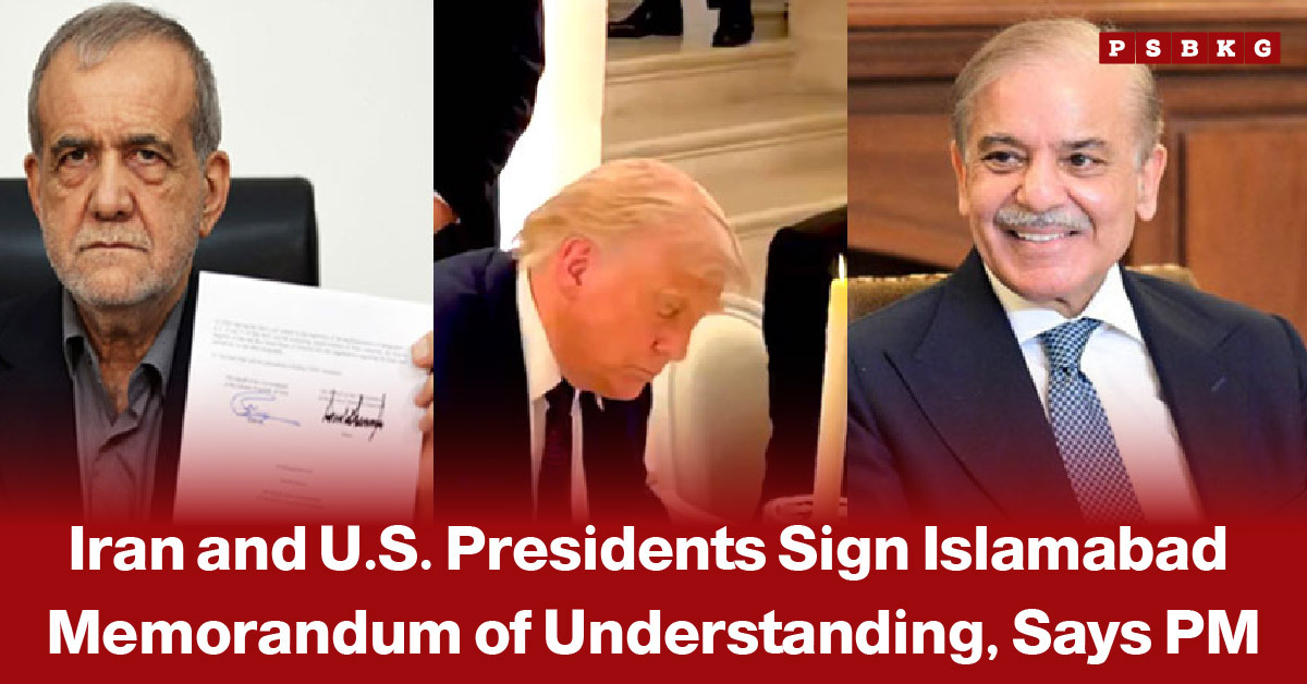 Three officials in suits pose with a signed document during a formal ceremony, accompanying a headline about the presidents of Iran and the United States signing the Islamabad Memorandum of Understanding.