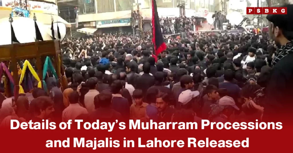 Large crowd of participants gathered in a busy Lahore street for Muharram processions, carrying religious flags and banners while dressed in traditional attire, as security and organizers manage the event.