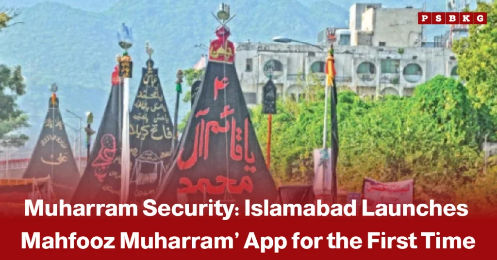 Image of black and red religious flags displayed outdoors with trees and buildings in the background, accompanied by a news-style announcement about Islamabad’s “Mahfooz Muharram” security app launched for ensuring safety during Muharram.