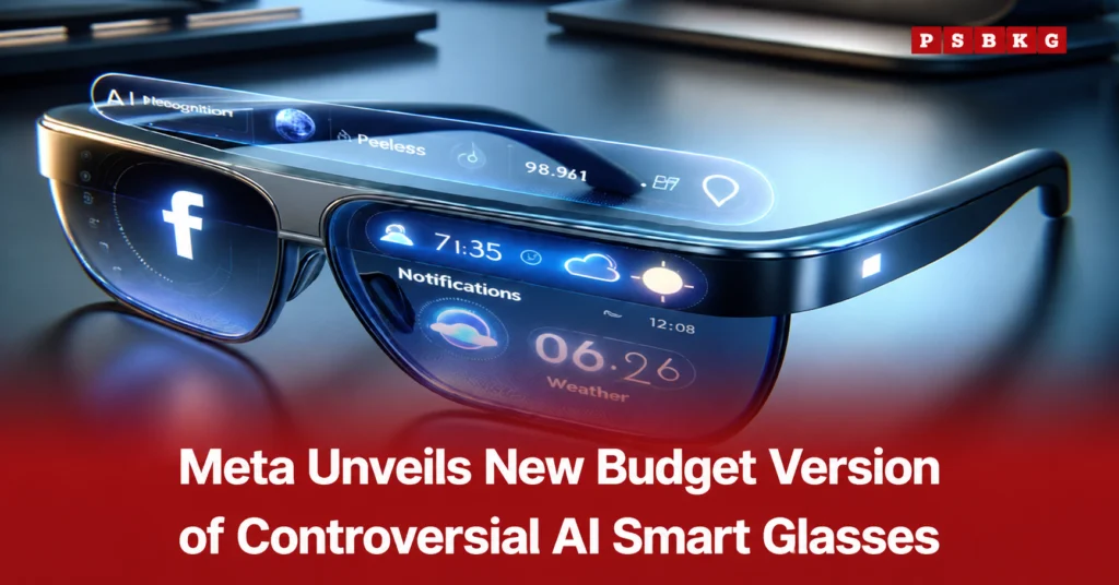 Meta AI Smart Glasses Smart glasses with AI features showing notifications, weather, and social media icons, highlighting Meta's new budget version launch.