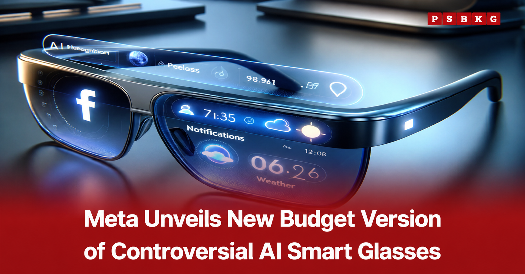 Meta AI Smart Glasses Smart glasses with AI features showing notifications, weather, and social media icons, highlighting Meta's new budget version launch.