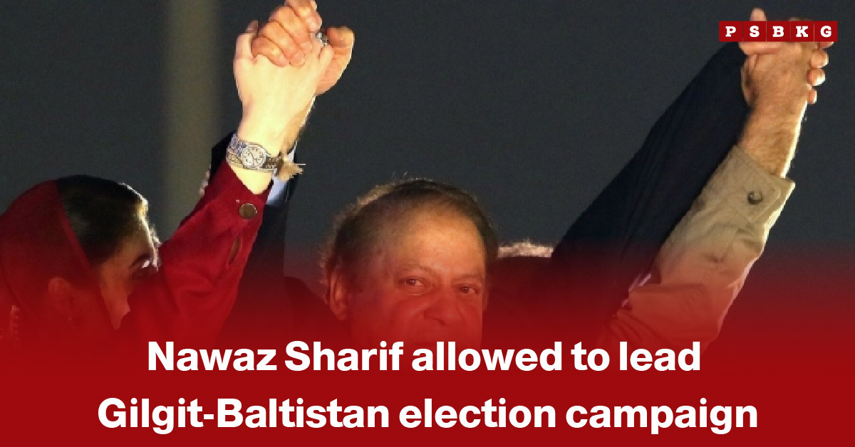 Image of three political figures raising their hands together in a show of unity during a Gilgit-Baltistan election campaign event, with text referencing Nawaz Sharif being allowed to lead the election campaign.
