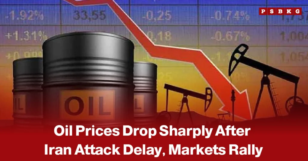 Image of oil barrels and pumpjacks in an oil field with a red downward arrow and stock market indicators, illustrating a sharp decline in global oil prices following delays related to Iran–US tensions and reported attack developments.