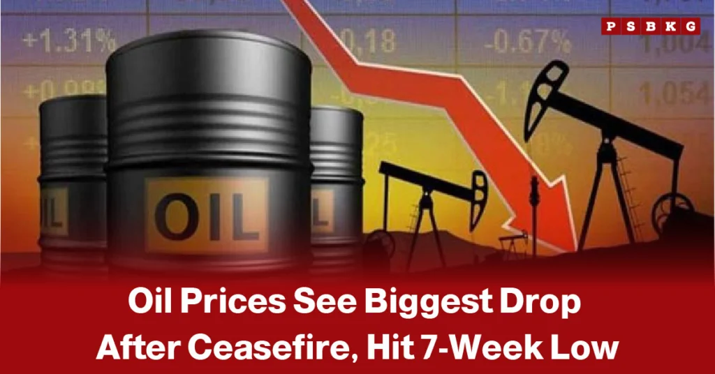 Image of oil barrels and pumpjacks in an industrial landscape with a red downward arrow symbolizing a sharp decline in global oil prices following a ceasefire, highlighting a drop to a 7-week low.