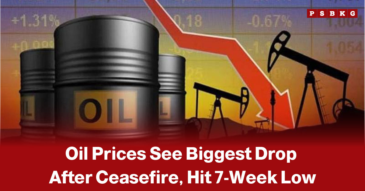 Image of oil barrels and pumpjacks in an industrial landscape with a red downward arrow symbolizing a sharp decline in global oil prices following a ceasefire, highlighting a drop to a 7-week low.