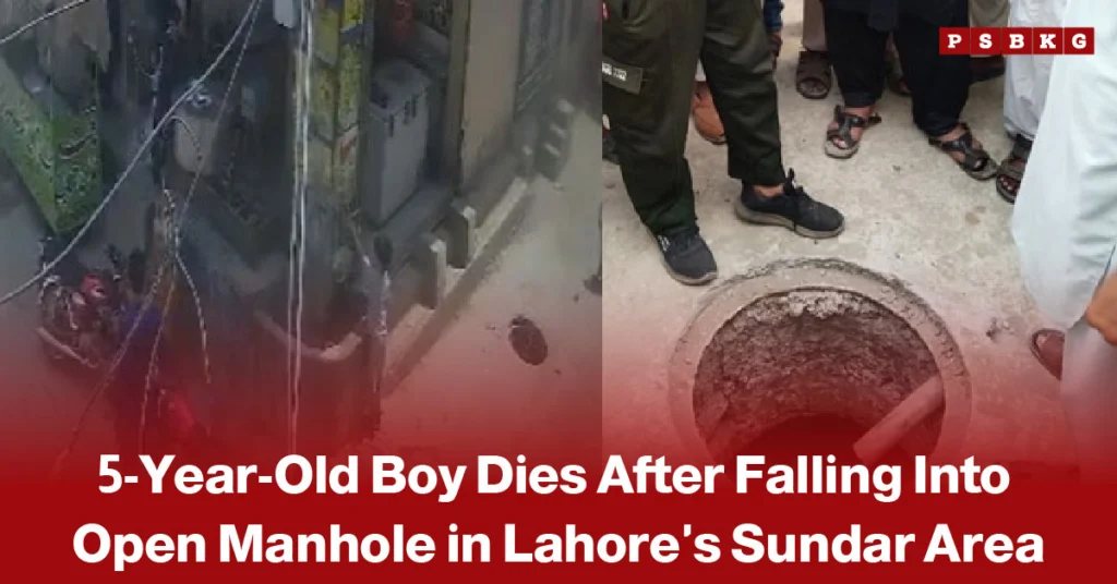People gather around an open manhole on a street in Lahore’s Sundar area as authorities and residents inspect the site following a tragic accident involving a young child.
