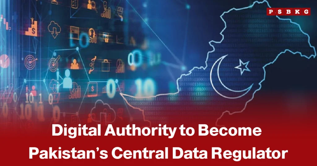 Digital-themed graphic featuring data icons, binary code, and the map of Pakistan, accompanied by a news-style headline about the Pakistan Digital Authority becoming the country’s central data regulator.