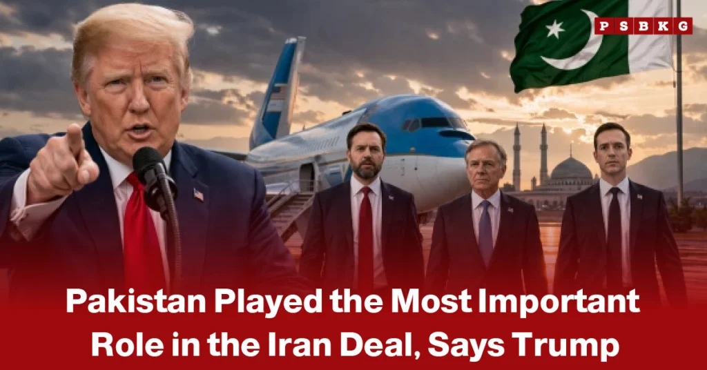 Blurred image of Donald Trump pointing alongside three suited officials, an aircraft, and the Pakistani flag, illustrating reports about Pakistan’s role in facilitating the Iran deal.