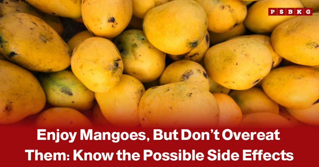 Image of a pile of ripe yellow mangoes arranged together, accompanied by a cautionary text warning about the side effects of eating too many mangoes and advising moderation in consumption.