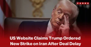Image of a blurred man in a suit standing against a news-style background, with a headline claiming that a U.S. website reported Donald Trump ordered new military strikes on Iran after delays in reaching a diplomatic deal, amid escalating tensions between Washington and Tehran.